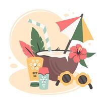 freddo estate cocktail nel Noce di cocco. tropicale spiaggia bevanda con ombrello, cannuccia, esotico fiore. estate bevanda e spiaggia elementi per festa, vacanza, relax, picnic. piatto cartone animato illustrazione vettore