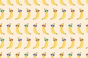 Banana senza soluzione di continuità modello. mano disegnato carino sorridente banane nel colore occhiali da sole. Banana cartone animato sfondo. illustrazione per sfondo, tessile, Stampa, bambino prodotti, ragnatela, Astuccio, involucro carta vettore