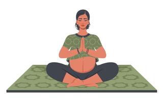 incinta yoga. incinta asiatico donna fare yoga su stuoia. bellissimo giovane mamma con pancia meditazione, rilassante. salutare stile di vita, cura del corpo, cura per futuro bambino. illustrazione vettore