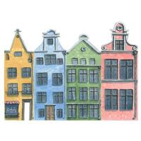 un' impostato di vecchio, europeo case. acquerello illustrazione. carino, colorato case. per decorare, progettazione e comporre vario composizioni di cartoline, souvenir, manifesti, adesivi. vettore
