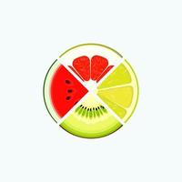 frutta e bacche alimenti biologici e succhi di frutta, logo rotondo. fetta di lime, kiwi, anguria, pompelmo. emblema del prodotto vegetariano estivo e fresco. dieta vitaminica sana, design del logo del cerchio. icona vettoriale