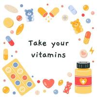 prendere il tuo vitamine. impostato di vario medicinali e integratori per supporto organismo. compresse, bolla e capsule. Salute, bellezza e benessere concetto. isolato cartone animato illustrazione, piatto vettore