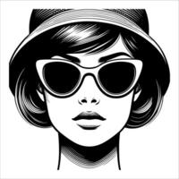 Vintage ▾ retrò donna indossare occhiali da sole linea arte comico nero e bianca 07 vettore
