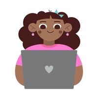 adolescenziale afroamericano ragazza utilizzando il computer portatile computer, apprendimento, lezione e intrattenimento, cartone animato stile. di moda moderno illustrazione isolato su bianca, mano disegnato, piatto design vettore