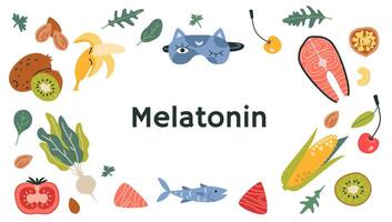 telaio con Alimenti migliore fonti di melatonina. frutta, verdure e pesce impostare. concetto di dormire disturbo trattamento, insonnia e addormentato i problemi. isolato cartone animato illustrazione, piatto design vettore