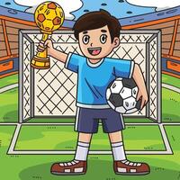 ragazzo con calcio trofeo colorato cartone animato vettore