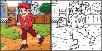 baseball ragazzo lancio colorazione pagina illustrazione vettore