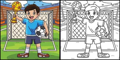 ragazzo con calcio trofeo colorazione illustrazione vettore