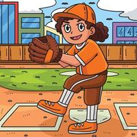 ragazza lancio baseball colorato cartone animato vettore