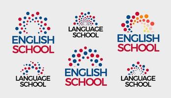 set di logo della scuola inglese, bolle astratte collezione di logotipi rotondi. puntini sole, alba, simbolo della conoscenza per un modello di logo in stile moderno e alla moda, simbolo dell'istruzione e dell'apprendimento. identità vettoriale. vettore