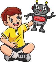 ragazzo giocando robot giocattolo cartone animato colorato clipart vettore