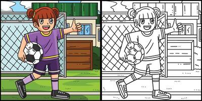 ragazza Tenere un' calcio palla colorazione illustrazione vettore