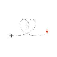 icona della via dell'aereo, direzione del percorso dell'aeroplano e punto rosso di destinazione, modello di progettazione del logo, modello di illustrazione vettoriale di viaggio di vacanza su sfondo bianco.