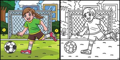 ragazza chasing un' calcio palla colorazione illustrazione vettore