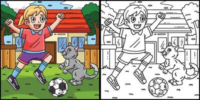 ragazza e gatto giocando calcio colorazione illustrazione vettore