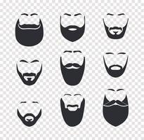 vari tagli di baffi e barba, peli del viso maschile, set di maschere per il viso. oggetti isolati di vettore del negozio di barbiere su sfondo trasparente.