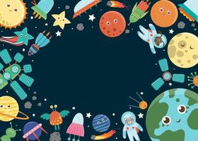 modello di cornice dello spazio vettoriale. banner orizzontale con galassia, stelle, pianeti, razzo per bambini. carina illustrazione piatta vettore
