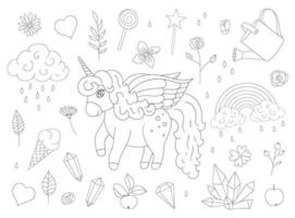 set vettoriale di simpatici unicorni, arcobaleno, nuvole, cristalli, cuori, contorni di fiori. dolce illustrazione da ragazza. disegno a tratteggio del giardino magico delle fiabe. buono per tessuti, cancelleria, stampe