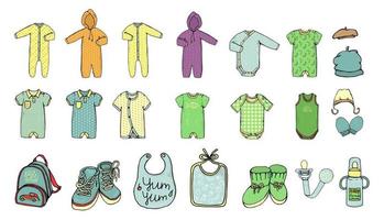 illustrazione vettoriale di vestiti per bambini. set di vestiti per neonato. set di moda per bambini. vestiti alla moda e accessori per bambini isolati su sfondo bianco