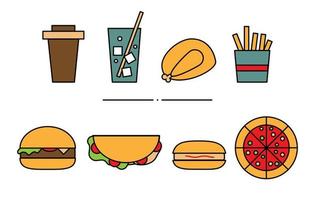 set di icone di fast-food geometriche piatte. illustrazione di limonata colorata, pollo arrosto, patatine fritte, caffè, pizza, hamburger, hot-dog, burrito isolato su sfondo bianco vettore