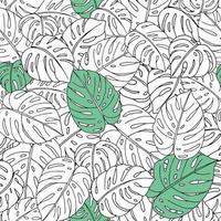 Vector il modello senza cuciture delle foglie di monstera disegnate a mano su fondo bianco. ripetere lo sfondo tropicale. carta da parati giungla esotica