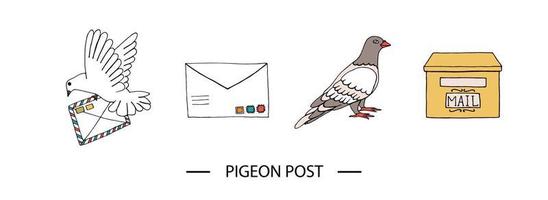illustrazione vettoriale di piccione che porta una lettera con francobolli, colomba, casella postale. set di icone di comunicazione disegnata a mano. segni di piccione post isolati su sfondo bianco con testo.