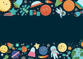 modello di cornice dello spazio vettoriale. banner bordo orizzontale con galassia, stelle, pianeti, razzo per bambini. carina illustrazione piatta vettore