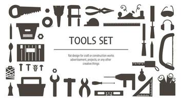 set di sagome di strumenti vettoriali. illustrazione piatta in bianco e nero con costruzione, attrezzatura da falegname per il design di carte, poster o volantini. lavorazione del legno, servizio di riparazione o concetto di laboratorio artigianale vettore