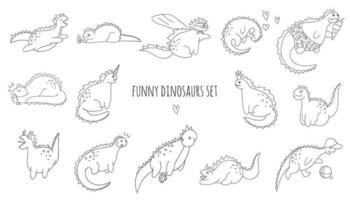 set vettoriale di divertenti dinosauri in bianco e nero in diverse pose. concetto di dino comico in stile cartone animato. scarabocchiare disegno di rettili sarcastici