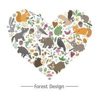 cornice vettoriale con animali ed elementi della foresta su sfondo nero. banner a tema naturale incorniciato a forma di cuore. simpatico e divertente modello di carta del bosco.