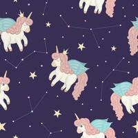 Reticolo senza giunte con unicorni stile acquerello carino sul cielo notturno con stelle e costellazioni. dolce illustrazione da ragazza su sfondo viola scuro. sfondo ripetuto da favola vettore