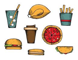 set di fast-food disegnati a mano. illustrazione di limonata, pollo arrosto, patatine fritte, caffè, pizza, hamburger, hot-dog, burrito isolato su sfondo bianco vettore