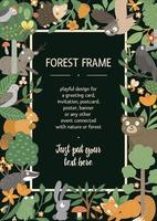 cornice di layout verticale vettoriale con animali ed elementi della foresta su sfondo nero. banner a tema naturale con orientamento verticale. simpatico e divertente modello di carta del bosco.