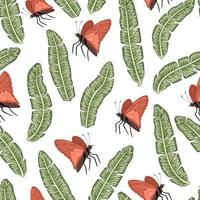 Vector seamless pattern di foglie di banano verde con farfalle su sfondo bianco. sfondo tropicale ripetuto vintage. carta da parati giungla esotica