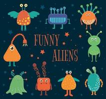 set vettoriale di simpatici alieni per bambini. illustrazione piatta luminosa e divertente di creature extraterrestri sorridenti su sfondo blu.