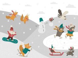 scena invernale con animali della foresta che svolgono attività sportive. illustrazione vettoriale di simpatici personaggi del bosco che giocano a palle di neve, tubi, pattinaggio, sci, snowboard, costruzione di un pupazzo di neve.