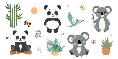 collezione di figli di esotico animali. illustrazione di un' panda, koala. vettore