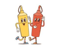 cartone animato retrò Groovy mostarda e ketchup bottiglie vettore