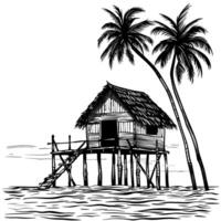 capanna e palma albero su trampoli vicino mare, oceano. paesaggio con spiaggia. nero e bianca schema. illustrazione. vettore