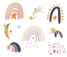 arcobaleni e stelle. insieme di elementi boho. simpatica collezione di vivai per bambini. disegno scandinavo. arcobaleni di cartoni animati per carta da parati, tessuti, confezioni, abbigliamento. illustrazione vettoriale. vettore