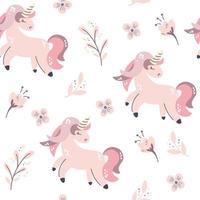 unicorni e fiori senza cuciture. animale fantastico. stampa per tessuto, tessile, abbigliamento, carta da imballaggio. struttura dei bambini. stampe di vivaio. illustrazione vettoriale di tiraggio della mano.