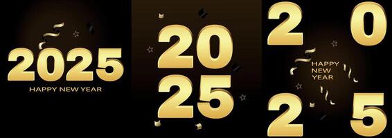 festeggiare nuovo anno 2025 e Natale. manifesti con d'oro numeri e elegante serpentina decorazione lusso nuovo anno concetto. 2025 numero design per 2025 volantini, banner e calendari. vettore