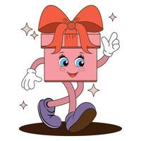 cartone animato personaggio di regalo nel Groovy stile con nastro e rosso arco. illustrazione di un' San Valentino giorno e compleanno regalo nel il modulo di un' 70s carattere. vettore