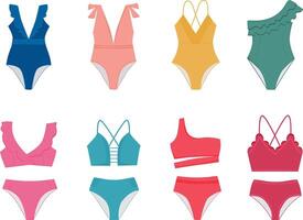 costumi da bagno impostare. uno pezzo costumi da bagno e bikini collezione. le signore Abiti per nuoto e vacanza. femmina costumi da bagno moda. illustrazione su bianca sfondo. vettore