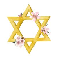 acquerello Pasqua ebraica saluto carta modello con oro stella di david e mandorla fiori illustrazione isolato su bianca vettore