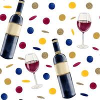 rosso vino bottiglia e bicchiere con luminosa colorato coriandoli acquerello senza soluzione di continuità modello su bianca sfondo, festa disegni vettore