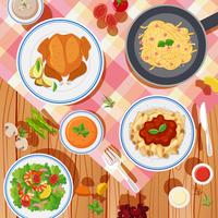 Disegno di sfondo con diversi tipi di cibo sul tavolo vettore