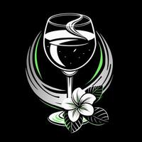 illustrazione di un' bicchiere di vino con un' fiore su un' nero sfondo. vettore