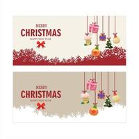 due cartoline natalizie orizzontali con brillanti fiocchi di neve, nastri e palline colorate. illustrazione della cartolina di Natale e capodanno su sfondo chiaro vettore
