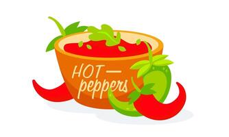 Immagine di rosso salsa e caldo rosso e verde peperoni, lettering caldo peperoni nel cartone animato stile. vettore